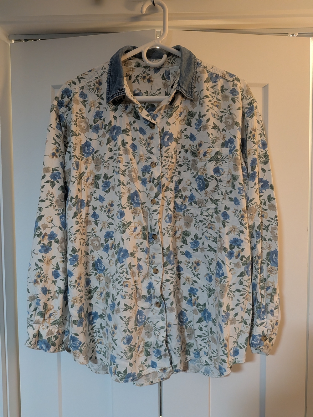 Floral Button-Up Shirt with Denim Collar